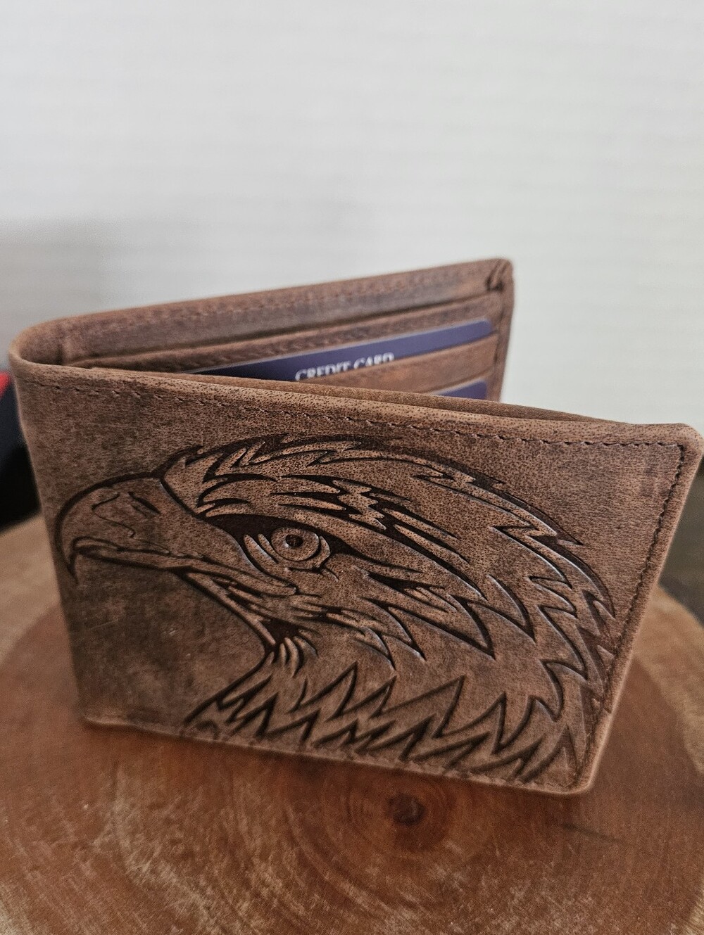 Genuine Cow Leather Bifold Wallet RFID Blocking Brown Embossed Eagle Head